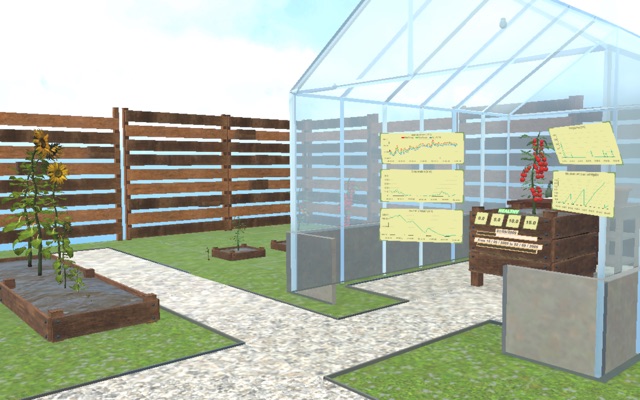 AgriTwix: a 3D garden with sunflowers in raised beds and a greenhouse where a tomato plant grows beside its weather and water charts.