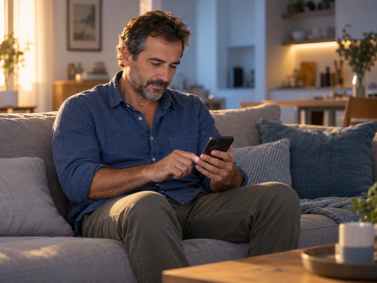 A farmer sitting on his sofa at home, confirming the irrigation on his phone