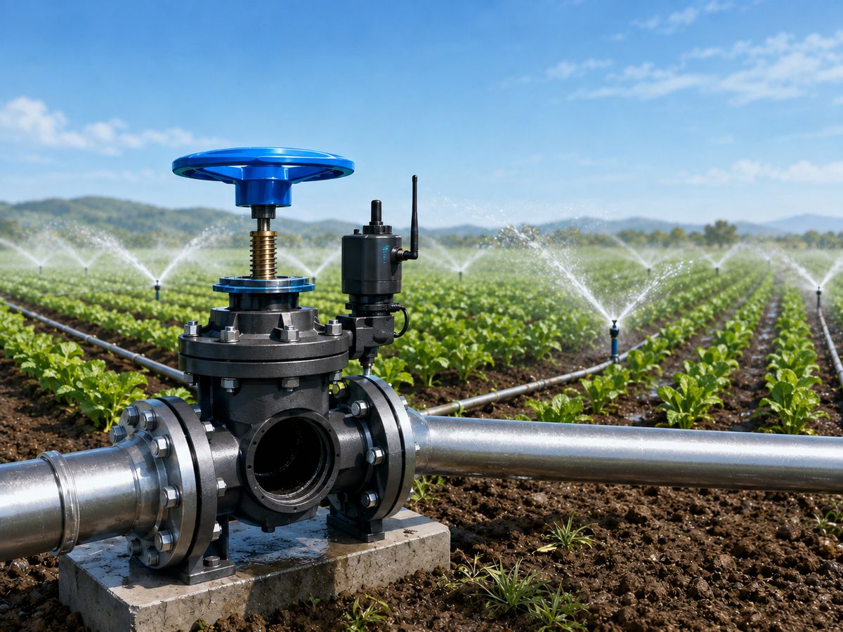 An irrigation valve in a vegetable field with sprinklers running