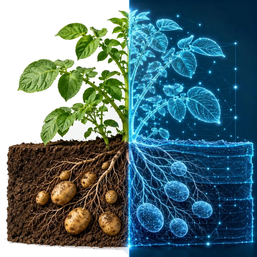 A potato plant shown half as a photograph and half as its digital twin, roots and tubers in the soil