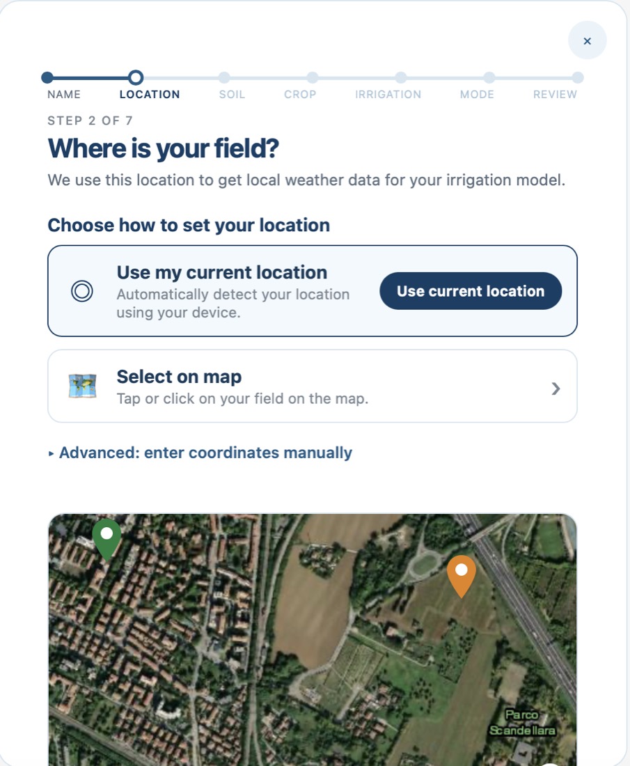 Step two: the field position, from the device, the map or coordinates