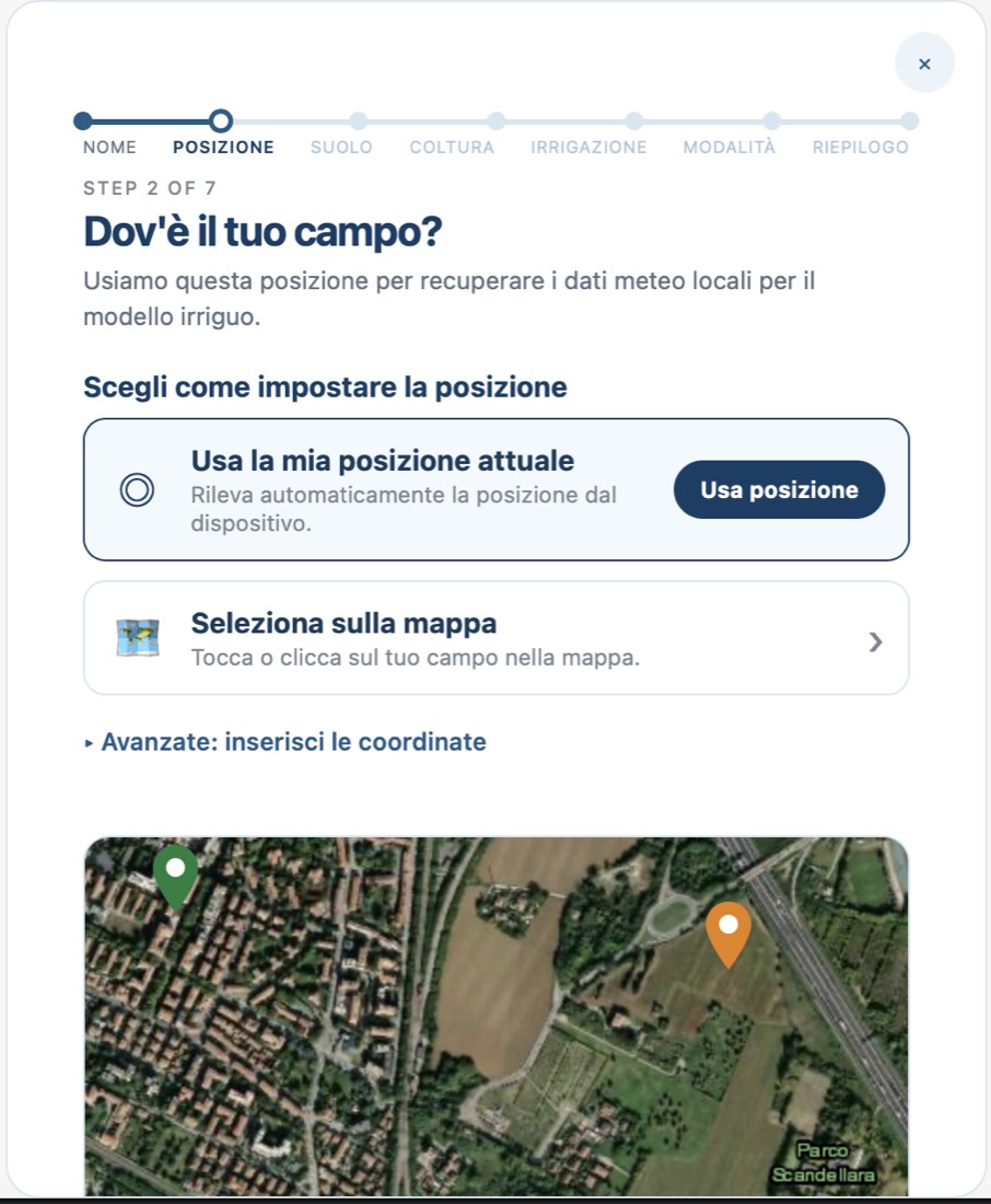 Secondo passo: la posizione del campo, dal dispositivo, dalla mappa o dalle coordinate