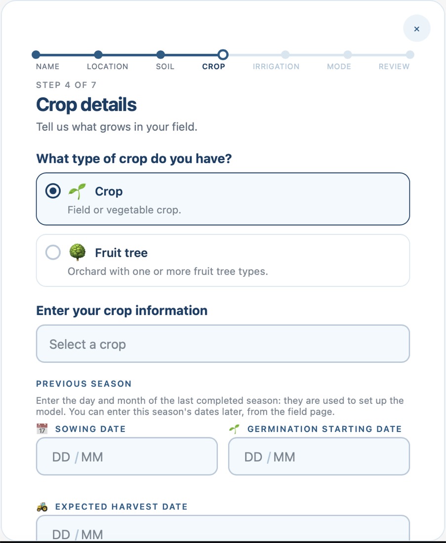 Step four: the crop and the dates of the season