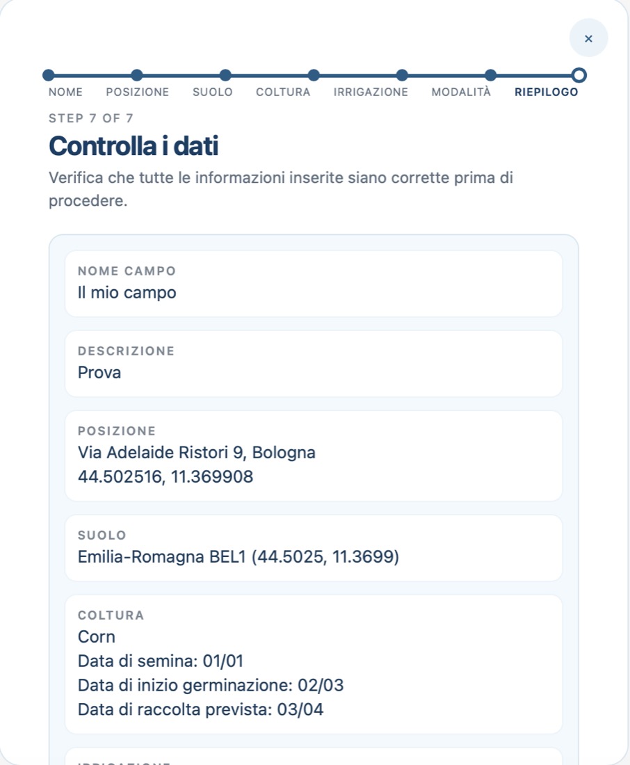 Settimo passo: tutte le risposte elencate per la verifica prima di confermare