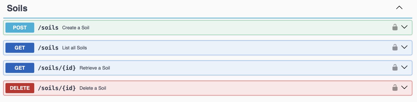 Field deletion, season and operating-mode updates, followed by soil creation, retrieval, lookup and deletion endpoints