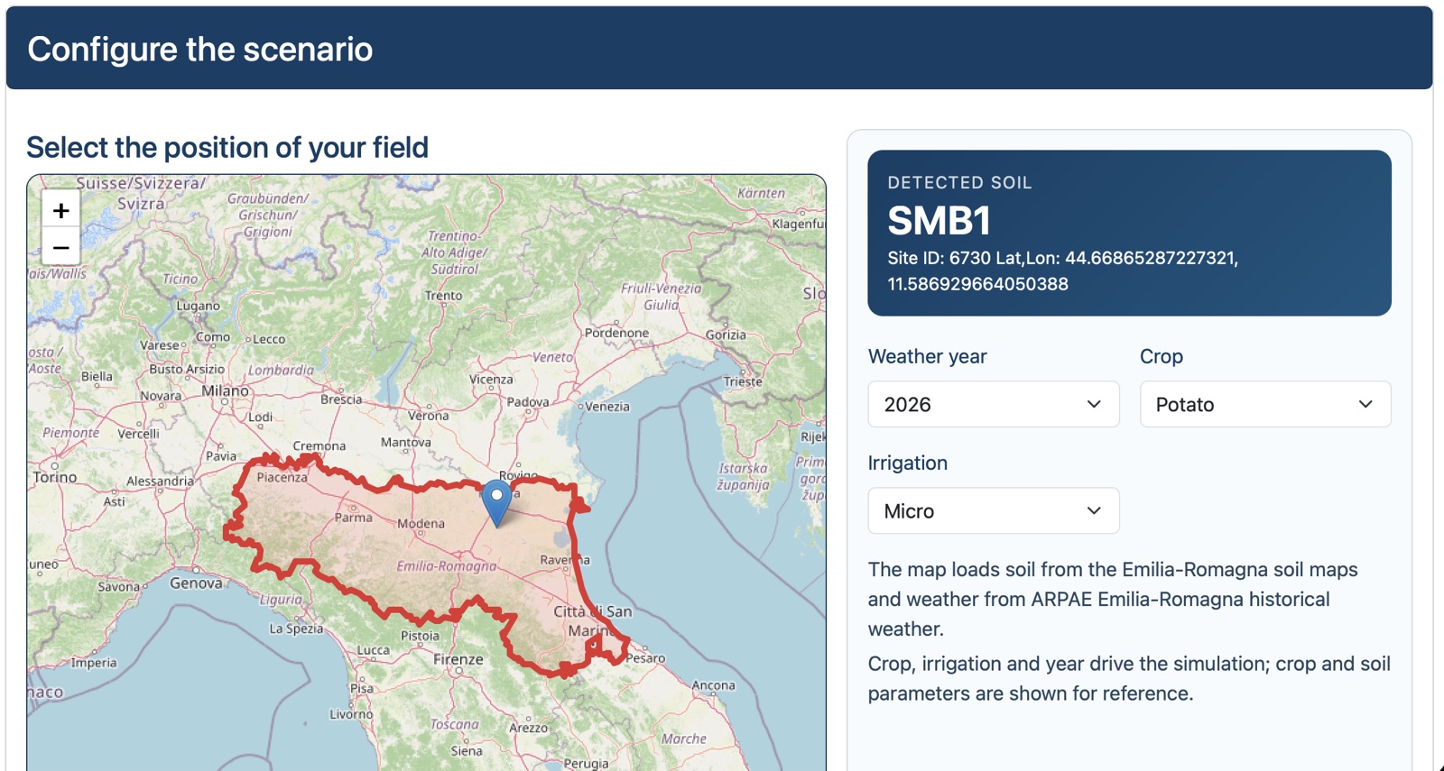 Scenario configuration: Emilia-Romagna map, SMB1 soil, year 2026, potato and micro-irrigation
