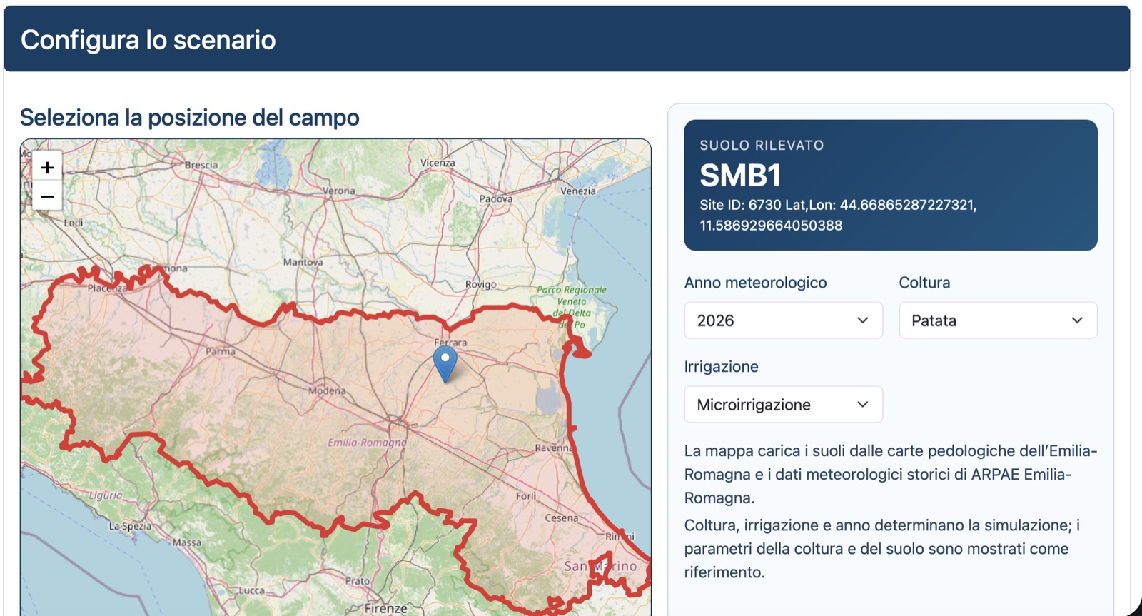 Configurazione dello scenario: mappa dell’Emilia-Romagna, suolo SMB1, anno 2026, patata e microirrigazione