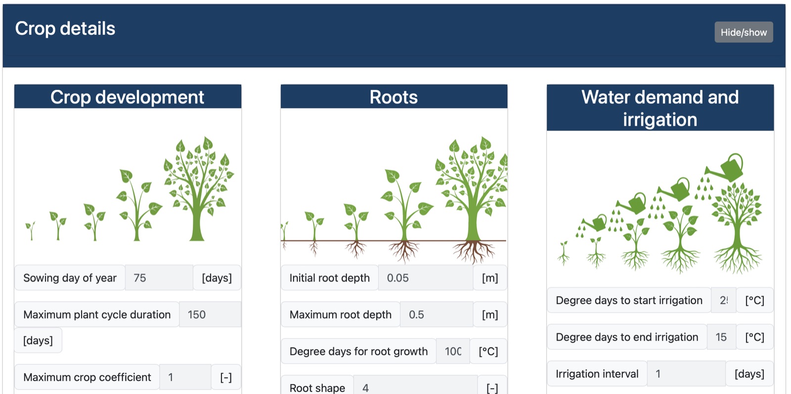 Crop details grouped into development, roots, water demand and irrigation