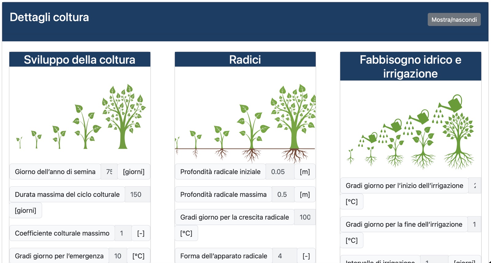 Dettagli della coltura suddivisi in sviluppo, radici, fabbisogno idrico e irrigazione
