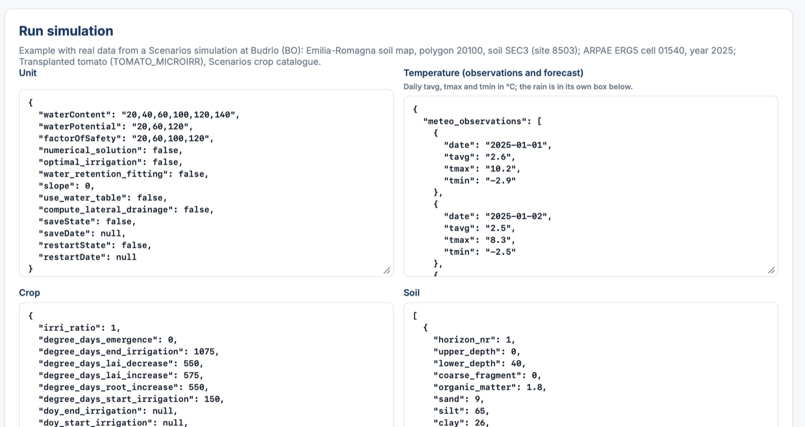 Unit, temperature, crop and soil JSON data for a simulation example at Budrio in 2025