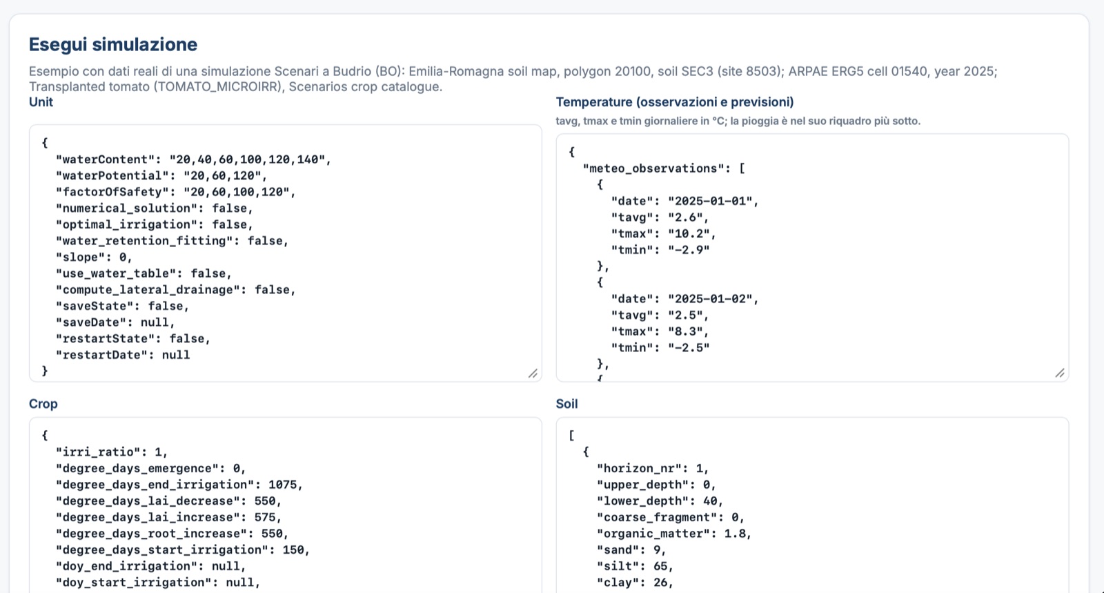 Dati JSON di unità, temperature, coltura e suolo per un esempio di simulazione a Budrio nel 2025